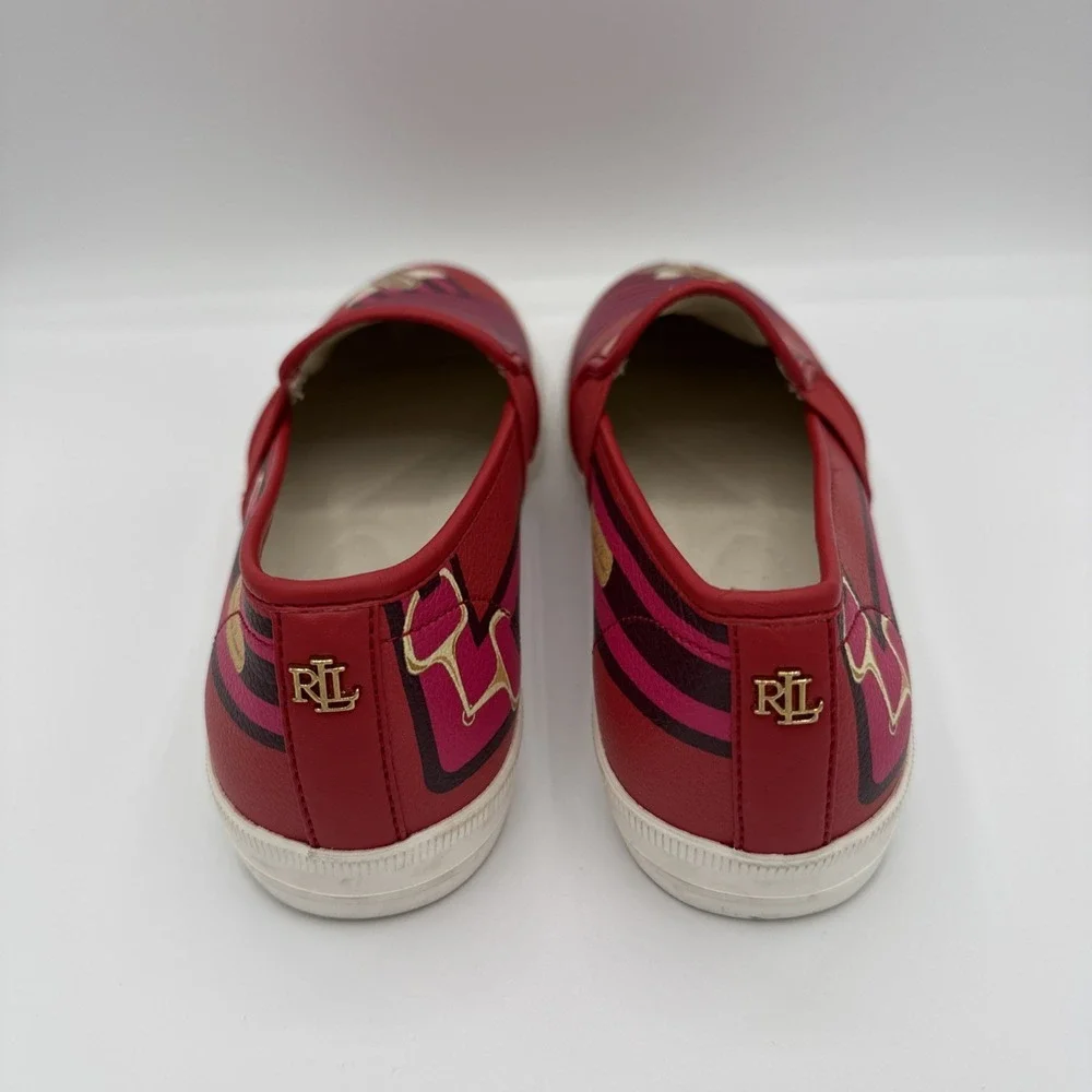 Lauren Ralph Lauren Jinny Slip On Sneakers Red Belting AOP Sz 6 B